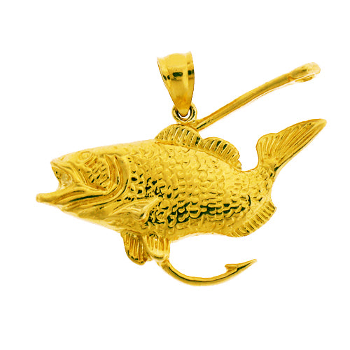 Image of ID 1 14K Gold Bass with Fishing Hook Pendant