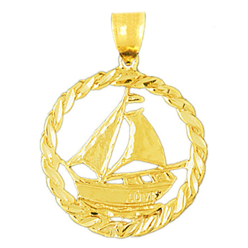 Image of ID 1 14K Gold Sailboat In Rope Frame Ship Wheel Pendant