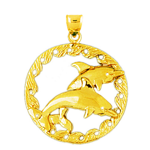 Image of ID 1 14K Gold Twin Dolphins with Ring of Waves Pendant