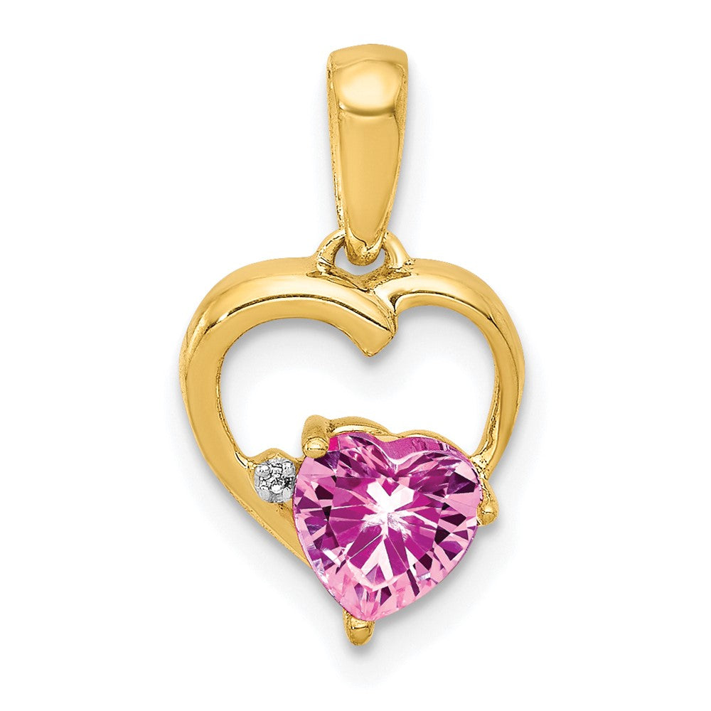 Image of ID 1 14K Yellow Gold Created Pink Sapphire and Real Diamond Heart Pendant