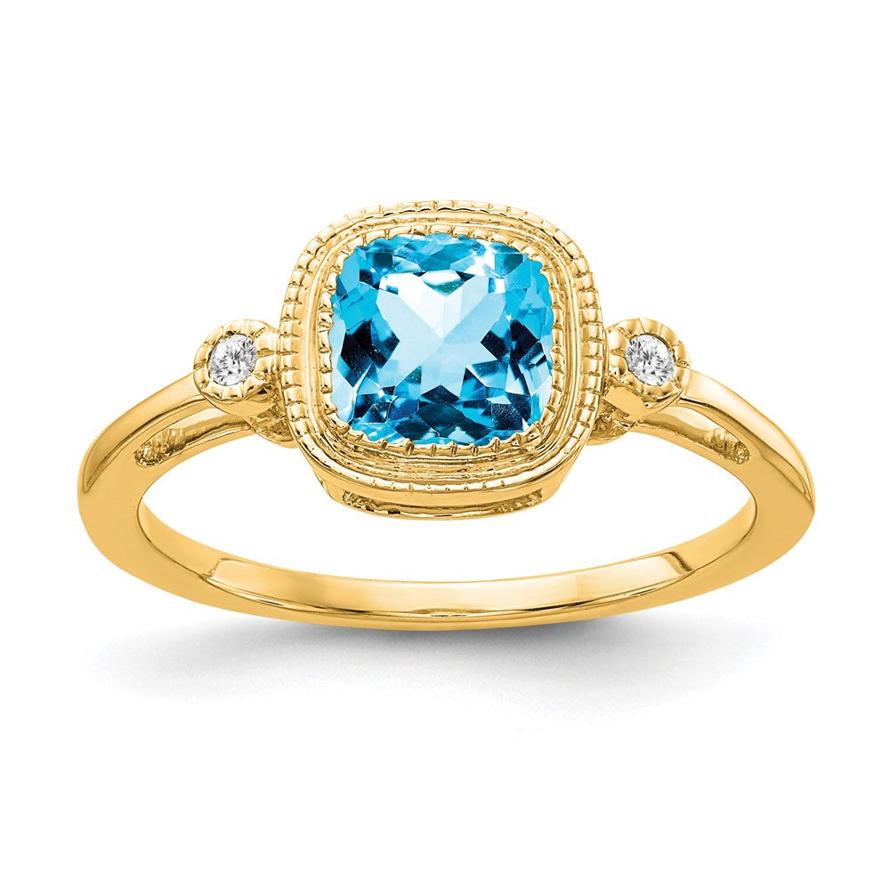 Image of ID 1 14K Yellow Gold Cushion Blue Topaz and Real Diamond Ring