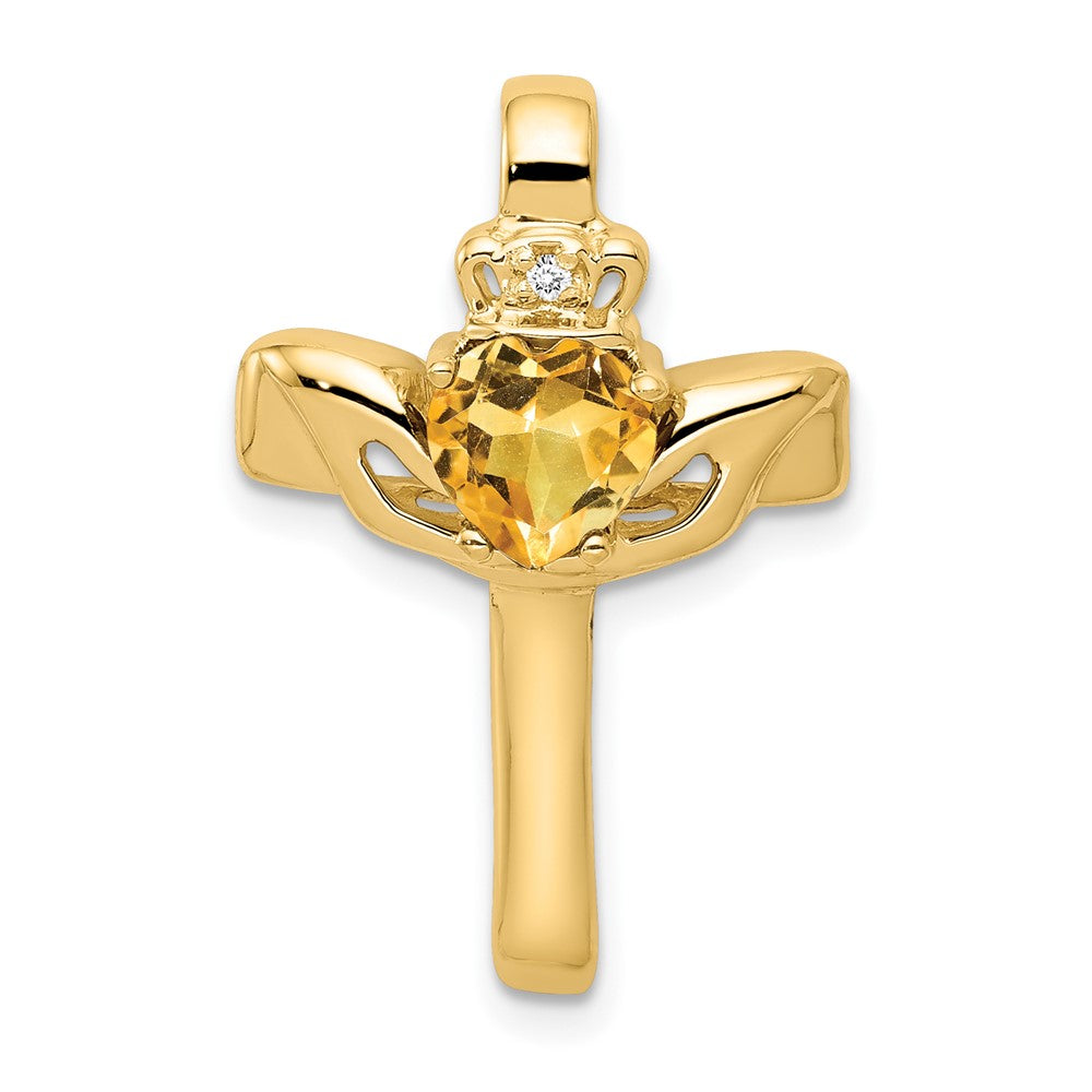 Image of ID 1 14k 6mm Claddagh Citrine VS Diamond Cross Pendant