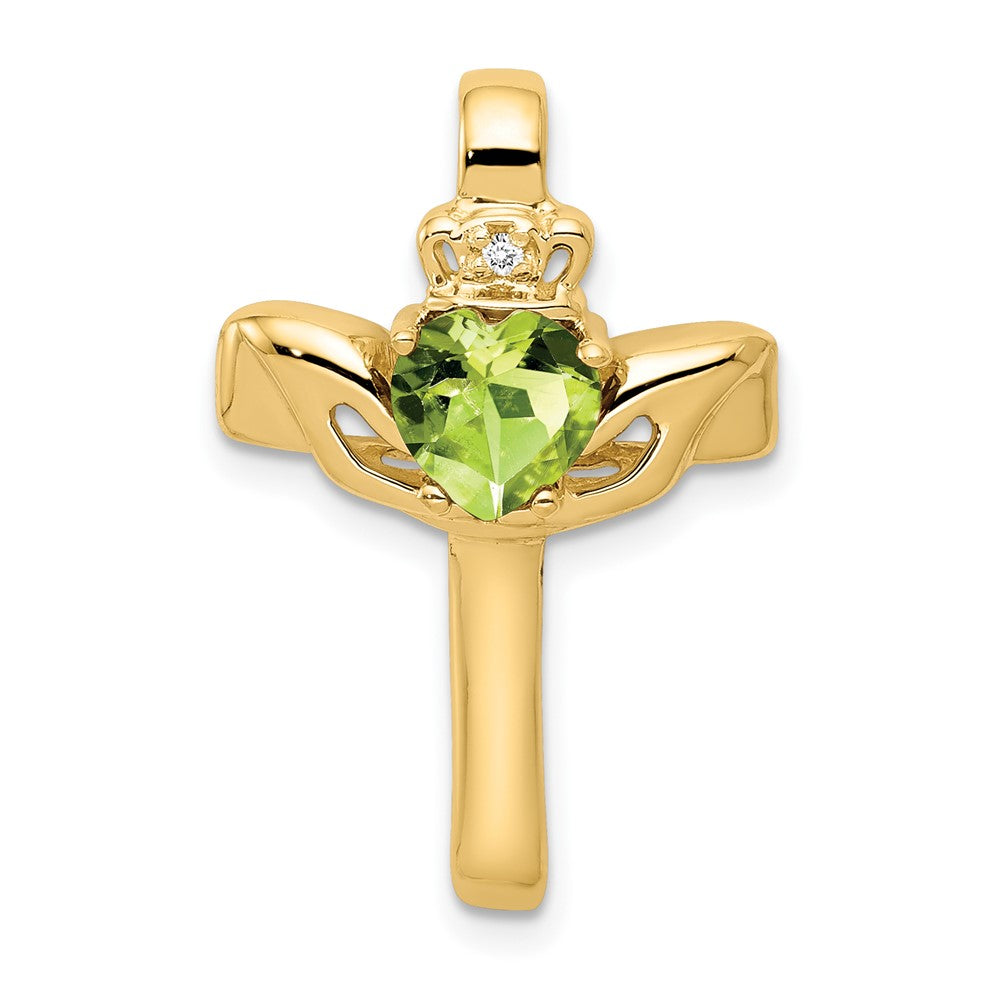 Image of ID 1 14k 6mm Claddagh Peridot AA Diamond Cross Pendant