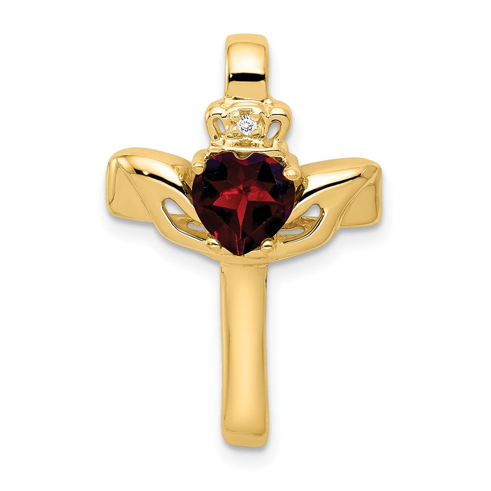 Image of ID 1 14k Garnet and AA Diamond Claddagh Cross Pendant