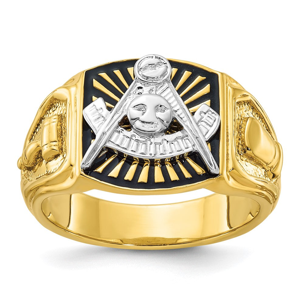 Image of ID 1 14k Two-tone Gold Men's Polished and Textured with Black Enamel Past Master Masonic Ring
