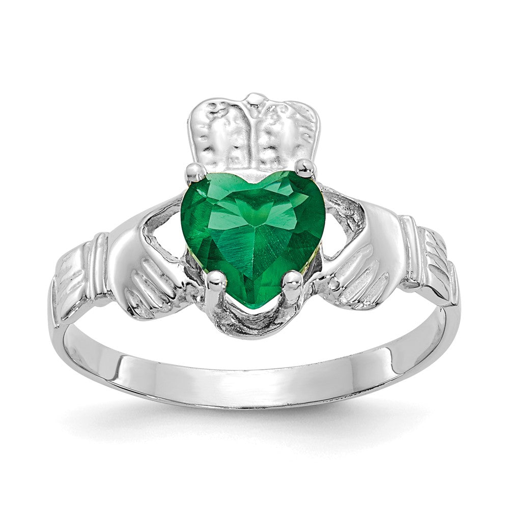 Image of ID 1 14k White Gold May CZ Birthstone Claddagh Ring