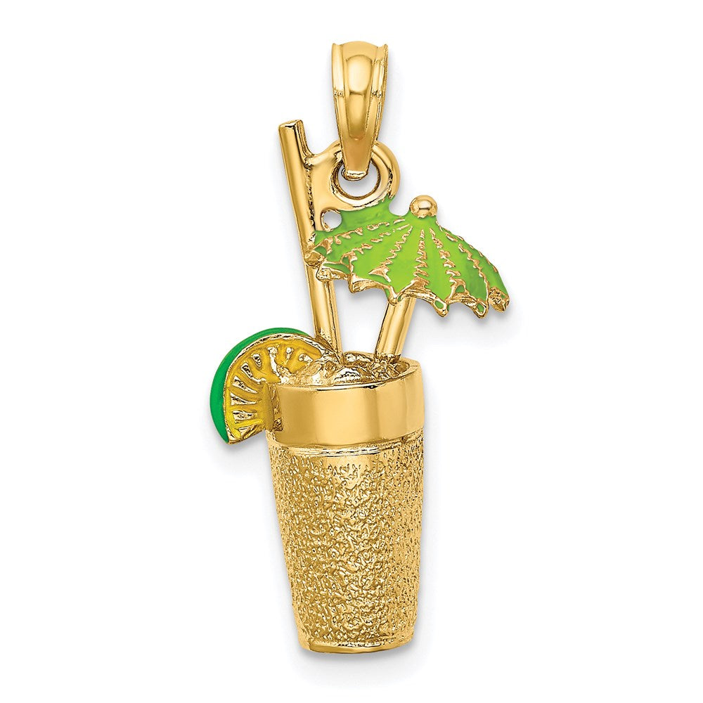 Image of ID 1 14k Yellow Gold 3-D Cocktail Drink w/Green Enamel Umbrella and Lime Charm