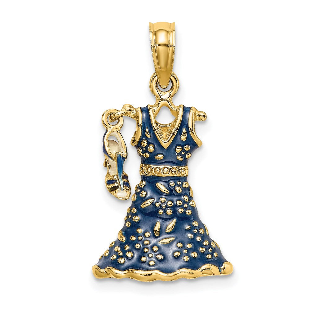 Image of ID 1 14k Yellow Gold 3-D Moveable Enamel Blue Floral Dress w/ Shoe Charm