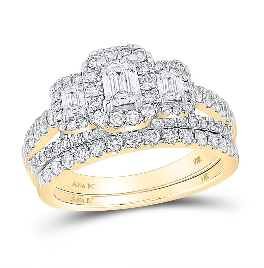 Image of ID 1 14k Yellow Gold Emerald Diamond 3-Stone Bridal Wedding Ring Set 1-1/2 Cttw (Certified)