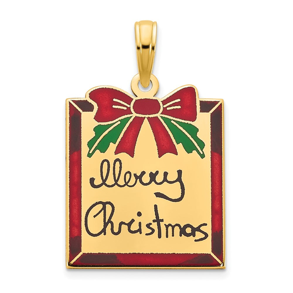 Image of ID 1 14k Yellow Gold Polished Epoxy Merry Christmas Present Pendant