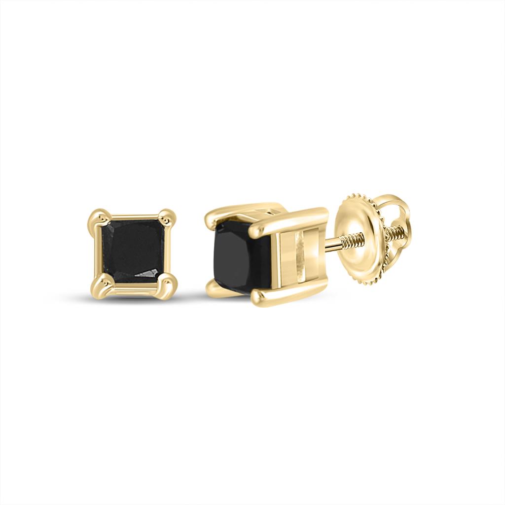 Image of ID 1 14k Yellow Gold Princess Black Diamond Solitaire Earrings 3/4 Cttw