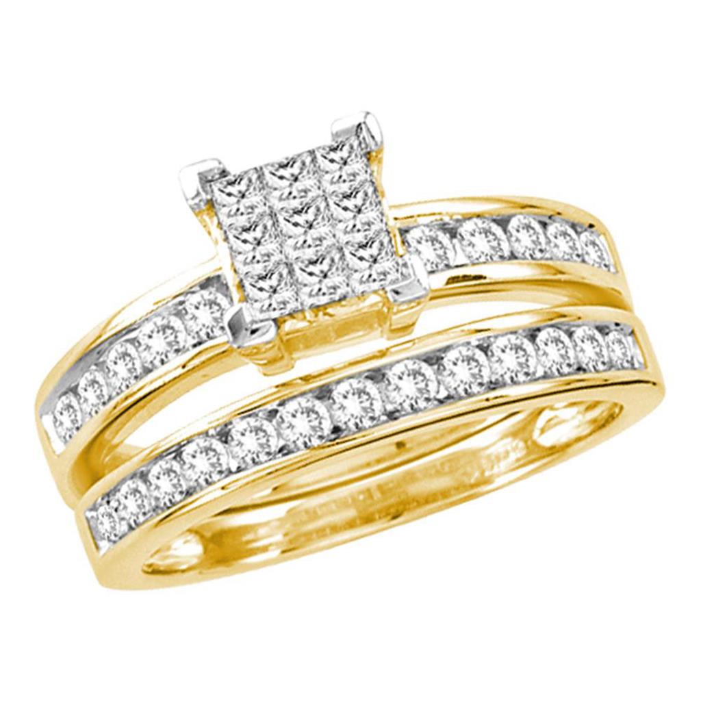 Image of ID 1 14k Yellow Gold Princess Diamond Cluster Bridal Wedding Ring Set 1 Cttw