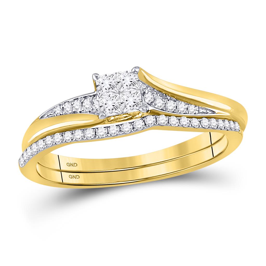 Image of ID 1 14k Yellow Gold Princess Diamond Cluster Bridal Wedding Ring Set 1/3 Cttw