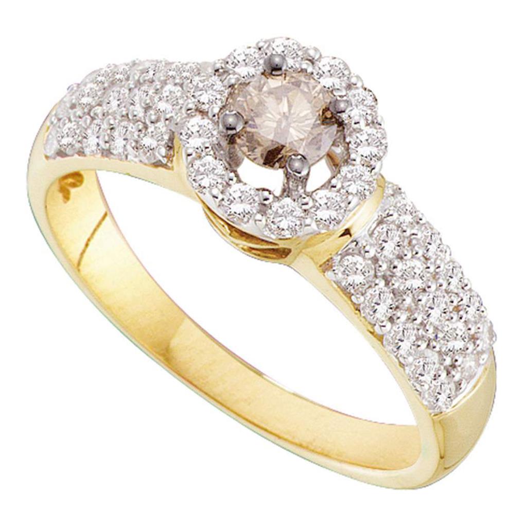 Image of ID 1 14k Yellow Gold Round Brown Diamond Solitaire Halo Engagement Ring 3/4 Cttw