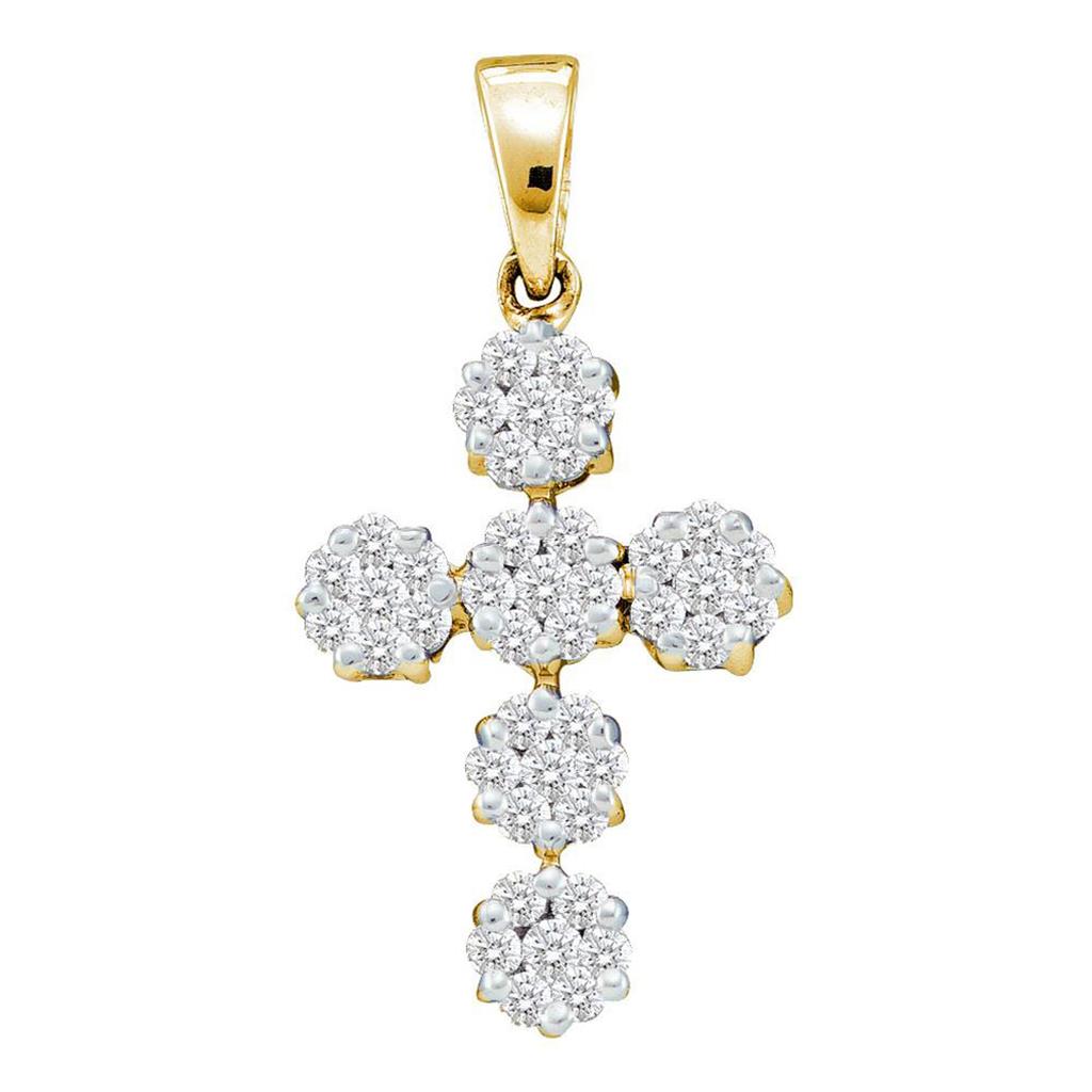 Image of ID 1 14k Yellow Gold Round Diamond Cluster Cross Religious Pendant 1/2 Cttw