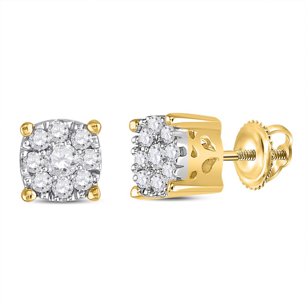 Image of ID 1 14k Yellow Gold Round Diamond Flower Cluster Earrings 1/4 Cttw