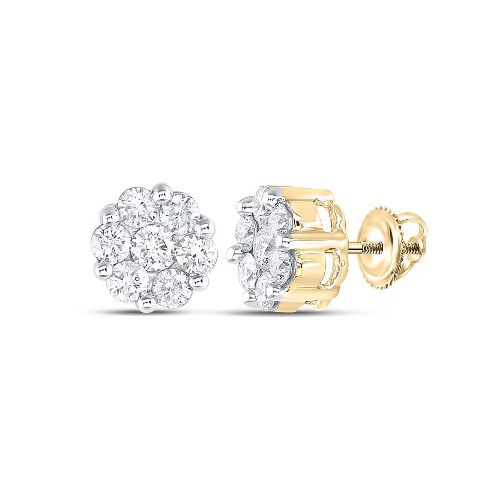 Image of ID 1 14k Yellow Gold Round Diamond Large Flower Cluster Stud Earrings 1-1/2 Cttw