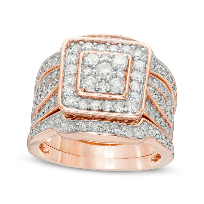 Image of ID 1 15 CT TW Composite Natural Diamond Cushion Frame Multi-Row Three Piece Bridal Engagement Ring Set in Solid 10K Rose Gold
