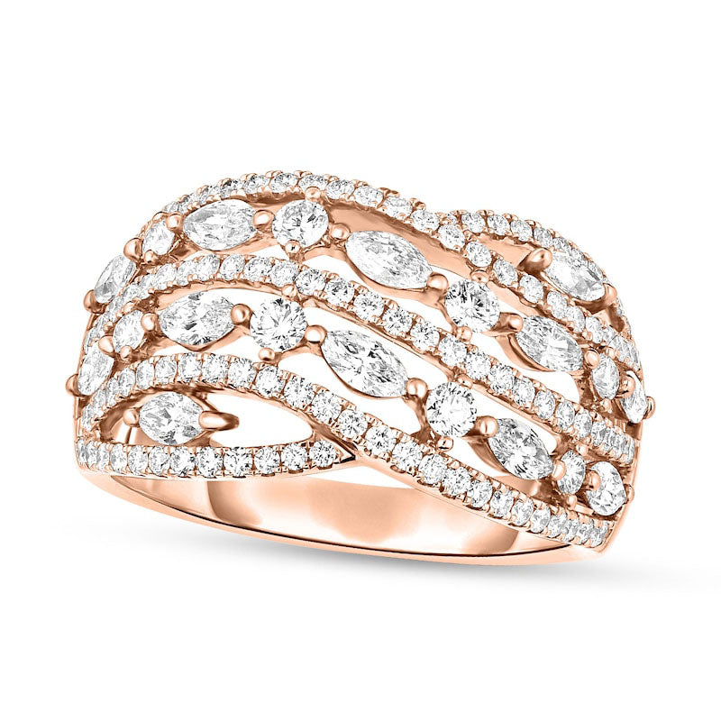 Image of ID 1 15 CT TW Marquise and Round Natural Diamond Alternating Multi-Row Wave Ring in Solid 10K Rose Gold