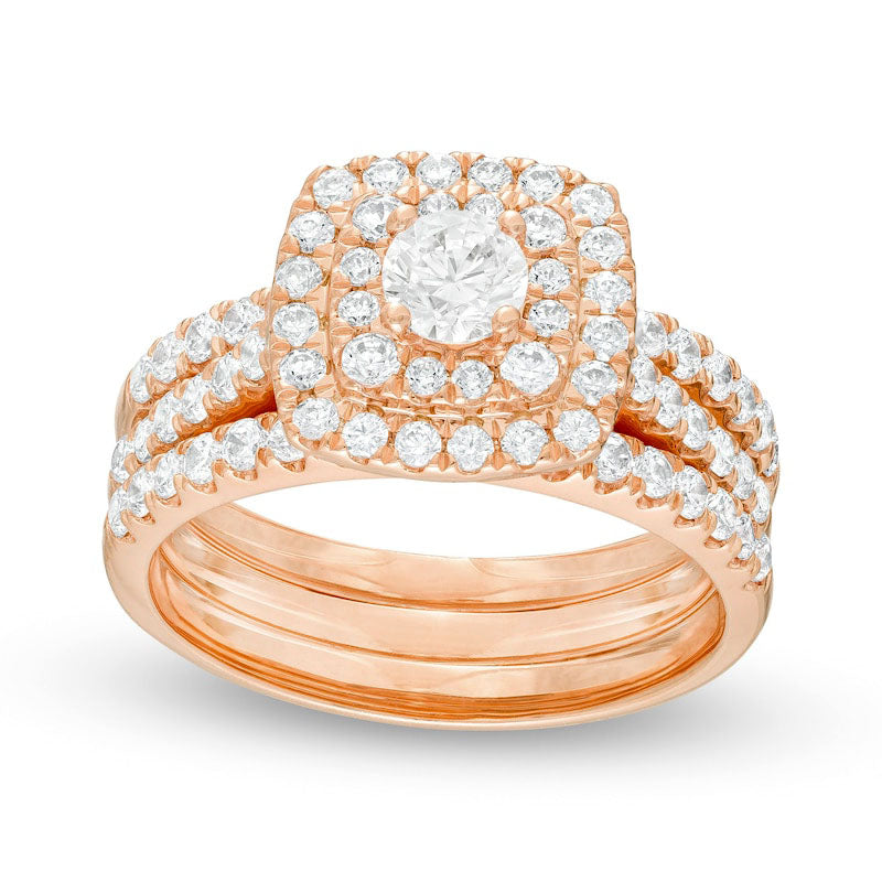 Image of ID 1 15 CT TW Natural Diamond Double Cushion Frame Three Piece Bridal Engagement Ring Set in Solid 10K Rose Gold