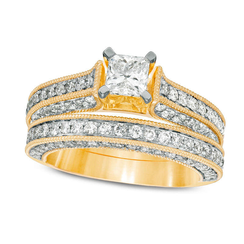 Image of ID 1 15 CT TW Princess-Cut Natural Diamond Antique Vintage-Style Bridal Engagement Ring Set in Solid 10K Yellow Gold