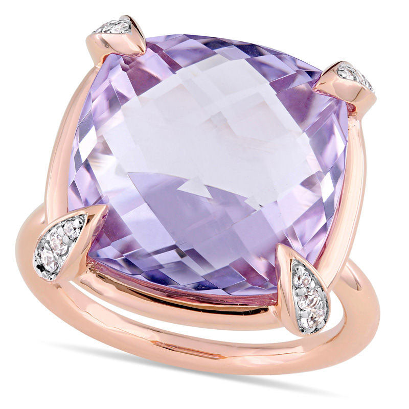 Image of ID 1 150mm Faceted Cushion-Cut Rose de France Amethyst and White Sapphire Ring in Solid 14K Rose Gold