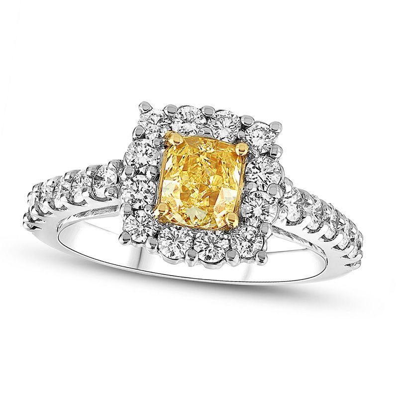 Image of ID 1 175 CT TW Radiant-Cut Fancy Yellow and White Natural Diamond Frame Engagement Ring in Solid 14K White Gold (SI2)