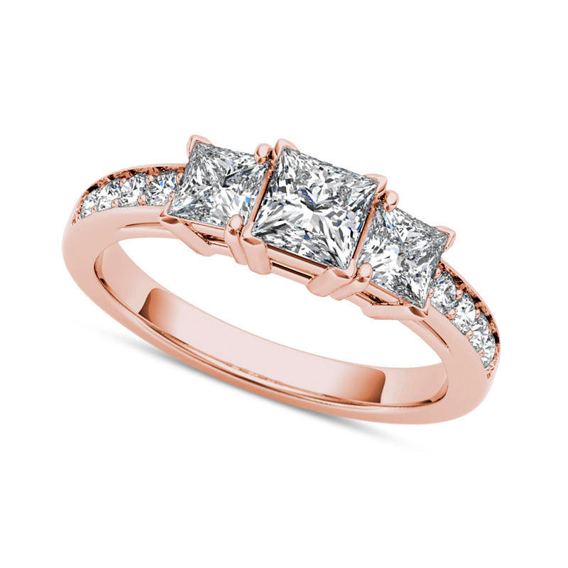 Image of ID 1 20 CT TW Princess-Cut Natural Diamond Three Stone Engagement Ring in Solid 14K Rose Gold