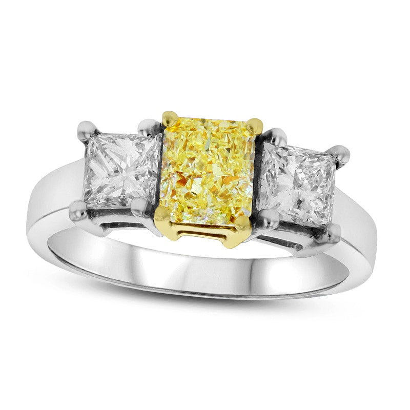 Image of ID 1 288 CT TW Fancy Yellow and White Radiant-Cut Natural Diamond Three Stone Ring in Solid 18K Two-Tone Gold (SI2)