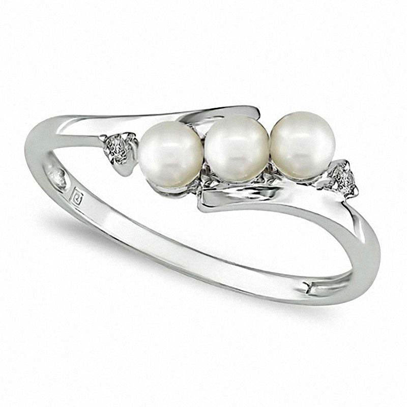 Image of ID 1 30 - 35mm Cultured Freshwater Pearl and Natural Diamond Accent Three Stone Bypass Ring in Solid 10K White Gold