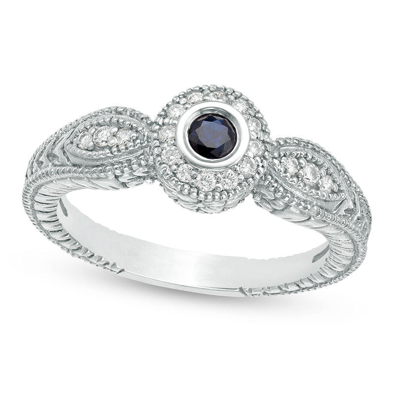 Image of ID 1 30mm Blue Sapphire and 013 CT TW Natural Diamond Frame Leaf Accent Antique Vintage-Style Ring in Solid 10K White Gold