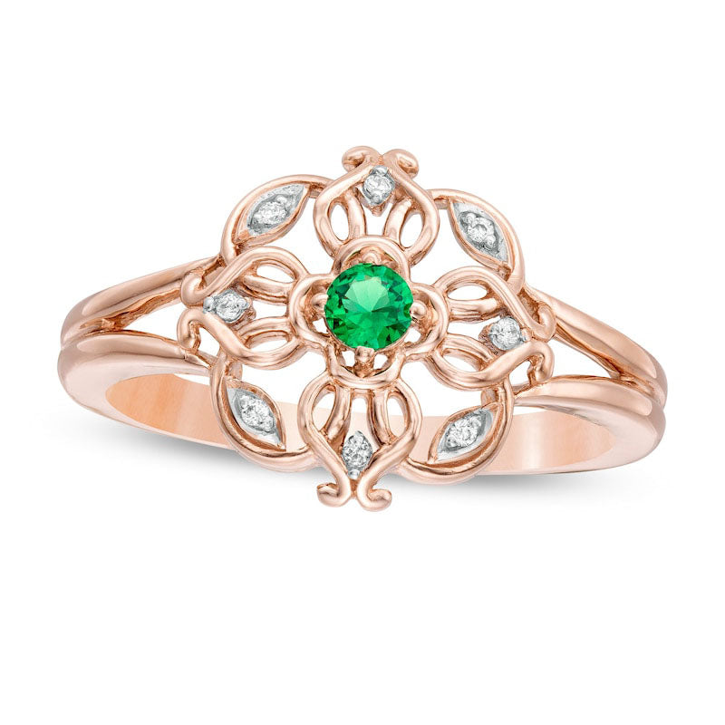 Image of ID 1 30mm Lab-Created Emerald and Diamond Accent Filigree Clover Split Shank Ring in Solid 10K Rose Gold