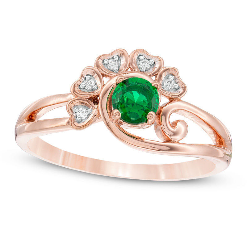 Image of ID 1 40mm Lab-Created Emerald and Diamond Accent Heart Frame Swirling Split Shank Promise Ring in Solid 10K Rose Gold