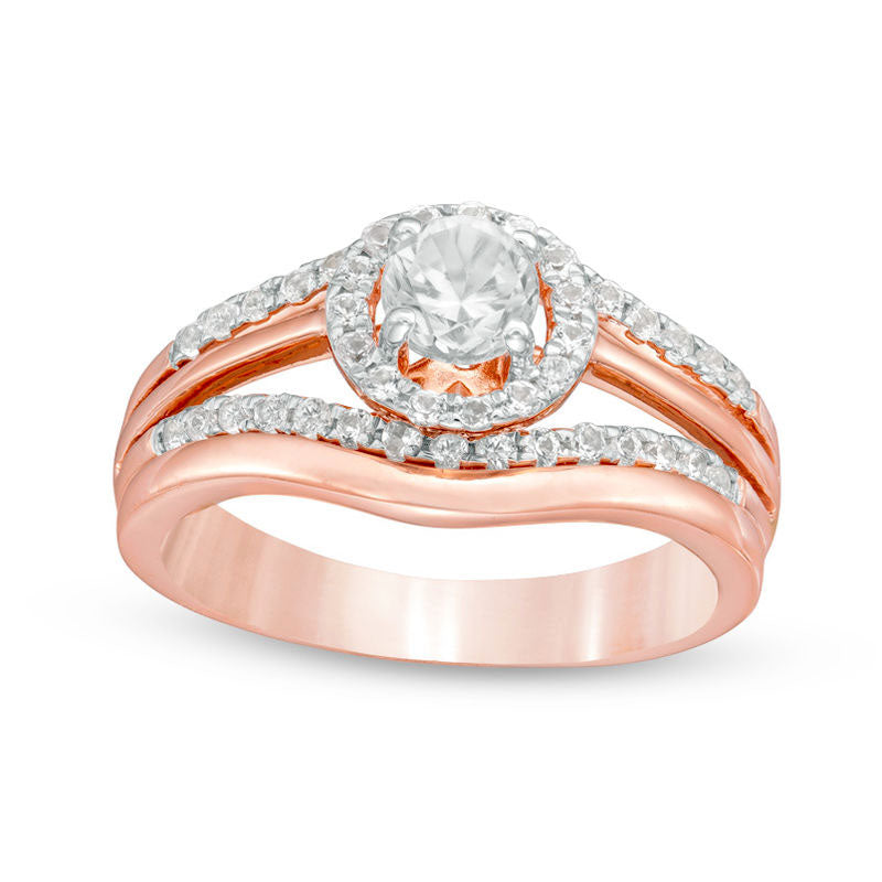 Image of ID 1 48mm Lab-Created White Sapphire Frame Split Shank Bridal Engagement Ring Set in Solid 10K Rose Gold