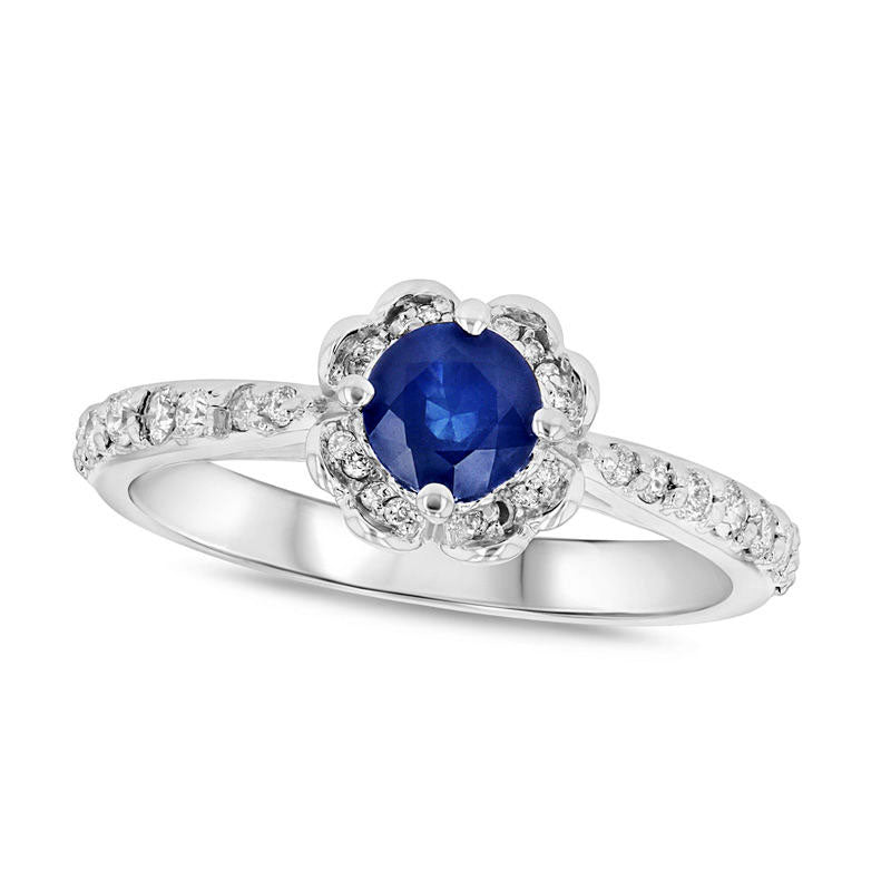 Image of ID 1 50mm Blue Sapphire and 025 CT TW Natural Diamond Scallop Frame Ring in Solid 14K White Gold