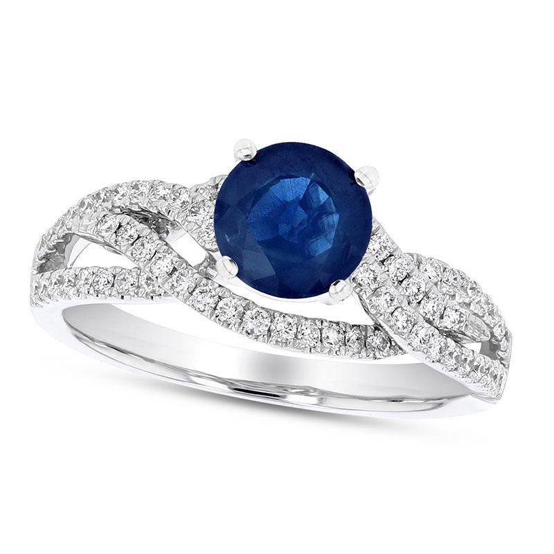 Image of ID 1 50mm Blue Sapphire and 050 CT TW Natural Diamond Multi-Row Crossover Engagement Ring in Solid 18K White Gold