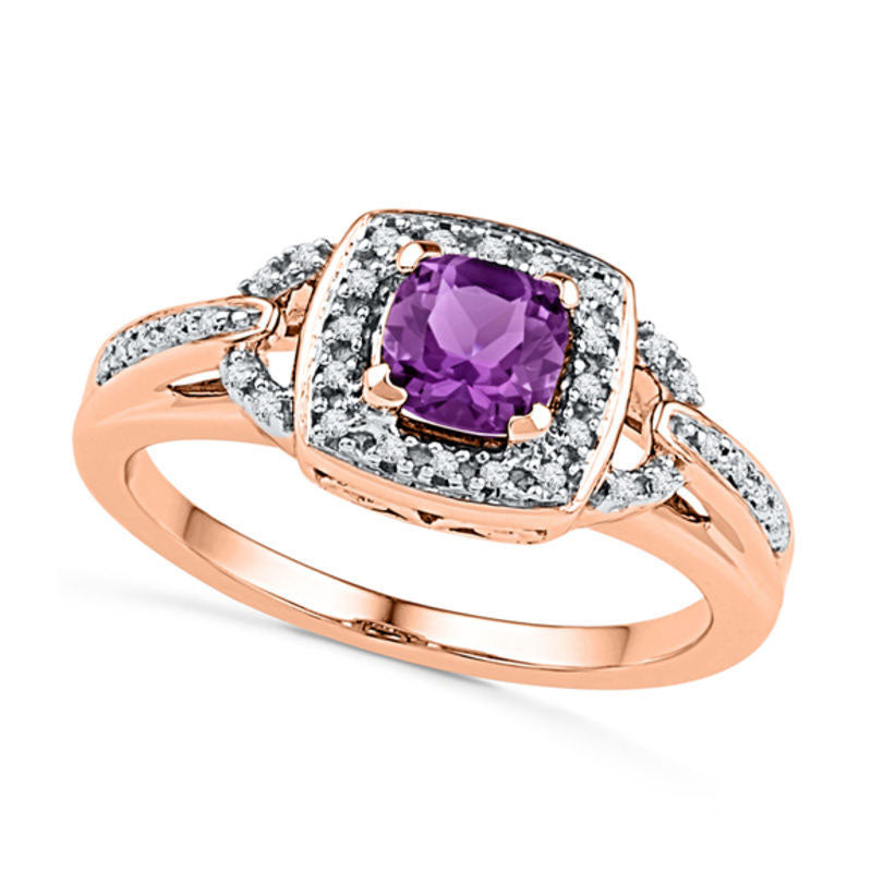 Image of ID 1 50mm Cushion-Cut Amethyst and 010 CT TW Natural Diamond Frame Ring in Solid 10K Rose Gold