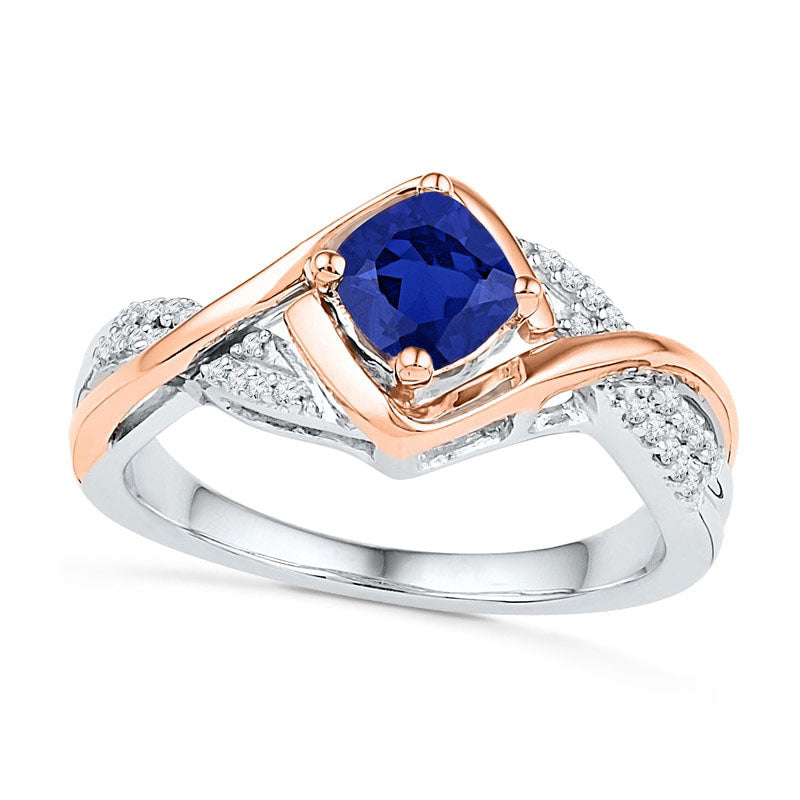 Image of ID 1 50mm Cushion-Cut Lab-Created Blue Sapphire and Diamond Accent Ring in Sterling Silver and Solid 10K Rose Gold
