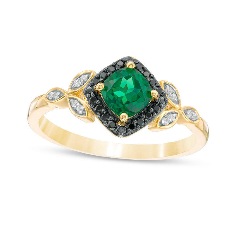 Image of ID 1 50mm Cushion-Cut Lab-Created Emerald and 010 CT TW Enhanced Black and White Diamond Leaves Ring in Solid 10K Yellow Gold