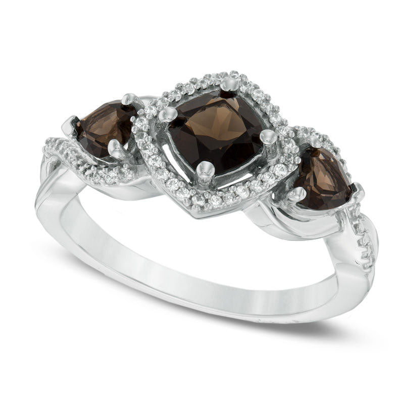 Image of ID 1 50mm Cushion-Cut Smoky Quartz and 010 CT TW Natural Diamond Three Stone Ring in Sterling Silver