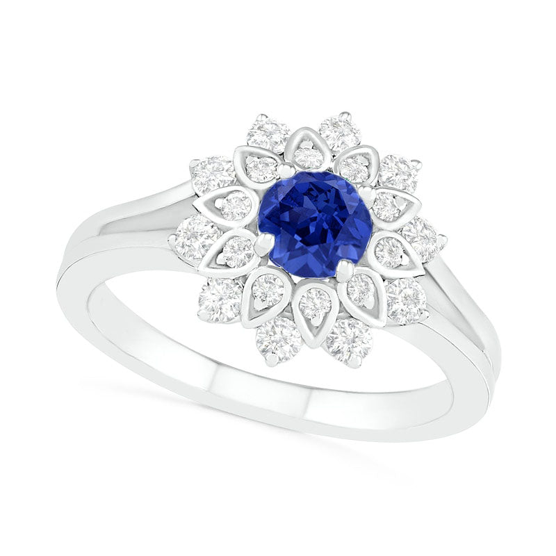 Image of ID 1 50mm Lab-Created Blue and White Sapphire Frame Split Shank Flower Ring in Sterling Silver