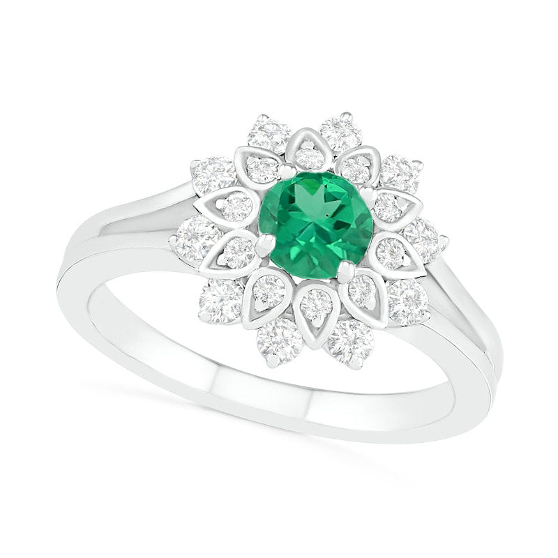 Image of ID 1 50mm Lab-Created Emerald and White Sapphire Frame Split Shank Flower Ring in Sterling Silver