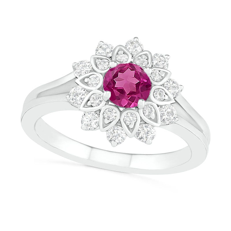 Image of ID 1 50mm Lab-Created Pink and White Sapphire Frame Split Shank Flower Ring in Sterling Silver