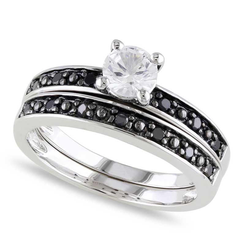 Image of ID 1 50mm Lab-Created White Sapphire and 020 CT TW Enhanced Black Diamond Bridal Engagement Ring Set in Sterling Silver