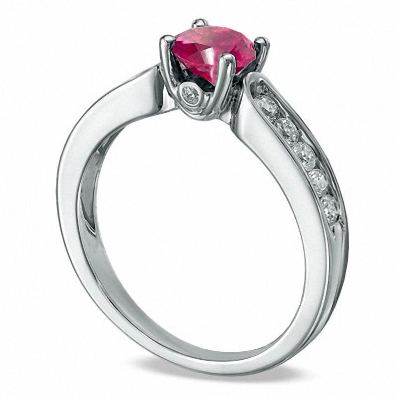 Image of ID 1 55mm Lab-Created Ruby and 038 CT TW Diamond Engagement Ring in Solid 10K White Gold