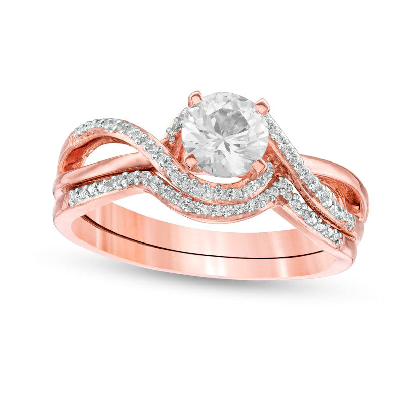 Image of ID 1 55mm Lab-Created White Sapphire and 1/10 Diamond Swirl Frame Bridal Engagement Ring Set in Sterling Silver with Solid 14K Rose Gold Plate