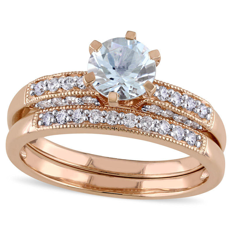 Image of ID 1 60mm Aquamarine and 033 CT TW Natural Diamond Antique Vintage-Style Bridal Engagement Ring Set in Solid 10K Rose Gold
