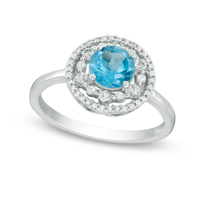 Image of ID 1 60mm Blue Topaz Lab-Created White Sapphire and 010 CT TW Diamond Frame Ring in Solid 10K White Gold