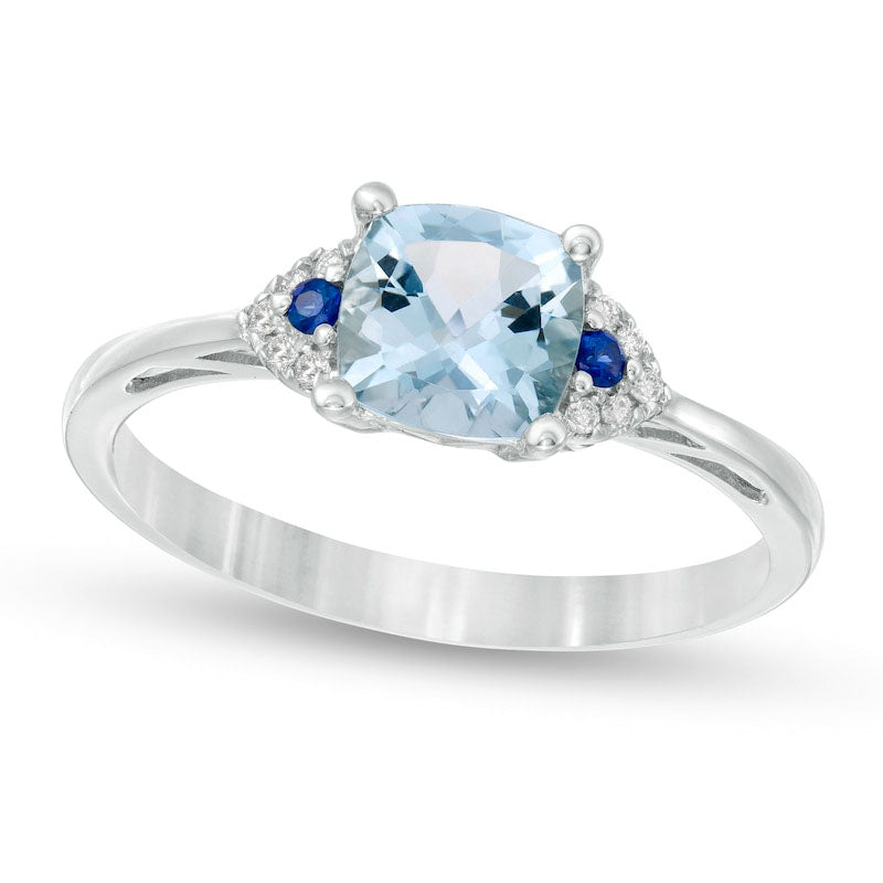 Image of ID 1 60mm Cushion-Cut Aquamarine Blue Sapphire and Natural Diamond Accent Ring in Solid 14K White Gold