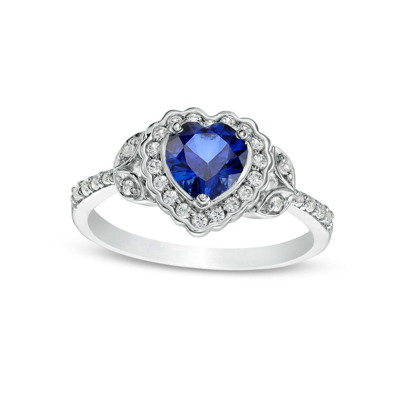 Image of ID 1 60mm Heart-Shaped Blue and White Lab-Created Sapphire Scallop Frame Leaf-Sides Flower Ring in Sterling Silver